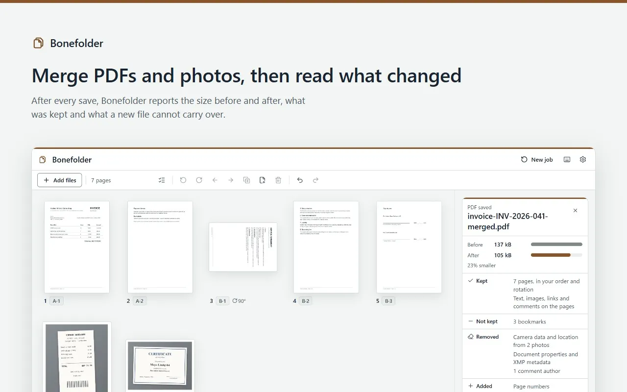 Bonefolder after merging PDFs and photos: the page grid, and the report with the size before and after and what changed.