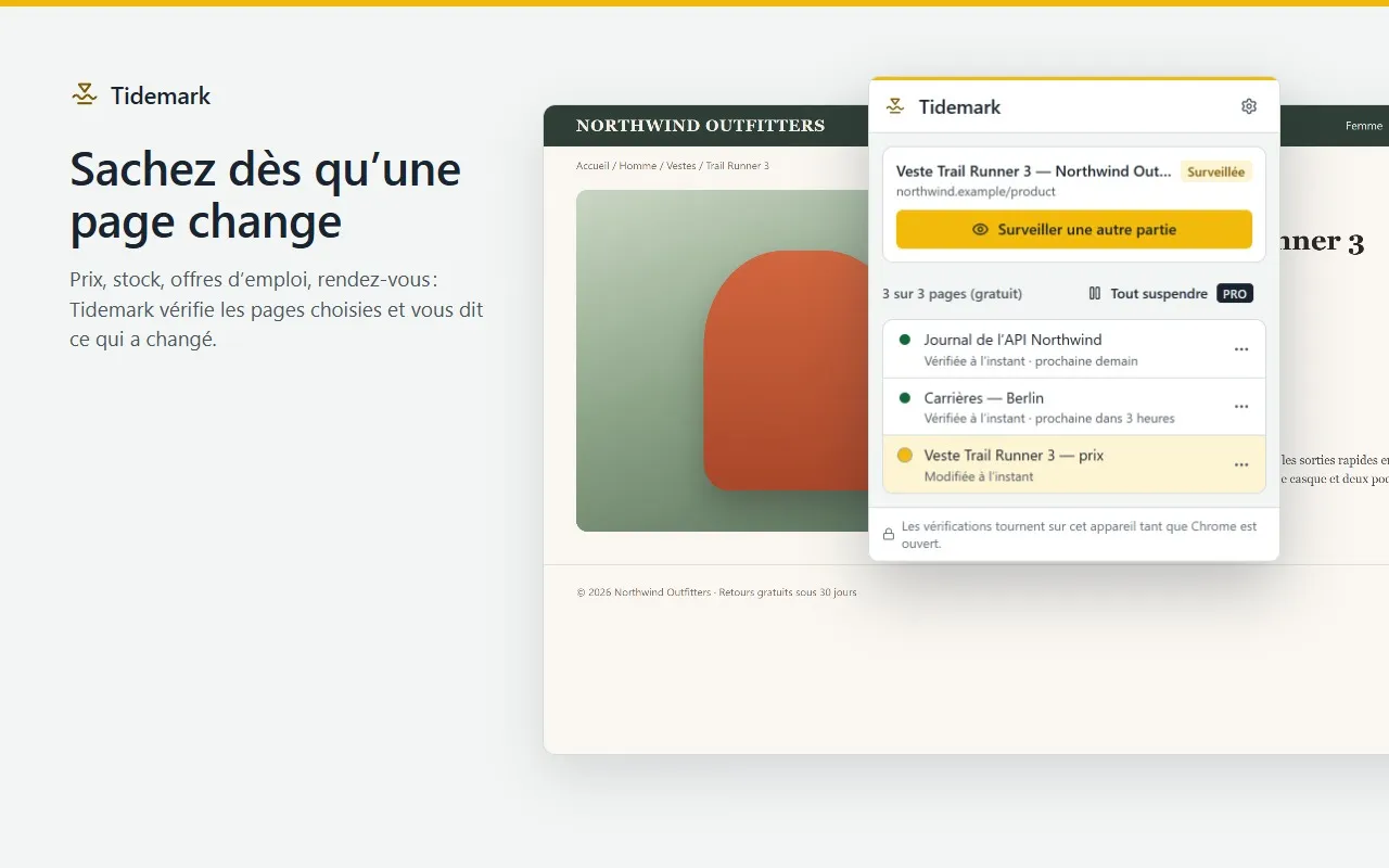 La fenêtre de Tidemark sur une page produit : la page est surveillée, avec « Surveiller une autre partie » et trois pages suivies, dont une vient de changer.