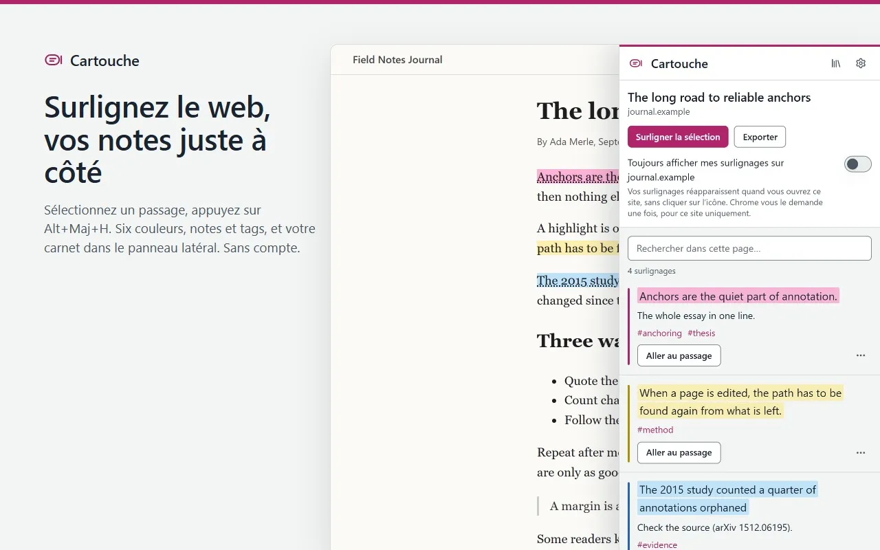 Le panneau latéral de Cartouche à côté d’un article : des passages surlignés en plusieurs couleurs, chacun avec sa note, ses tags et un bouton pour y revenir.
