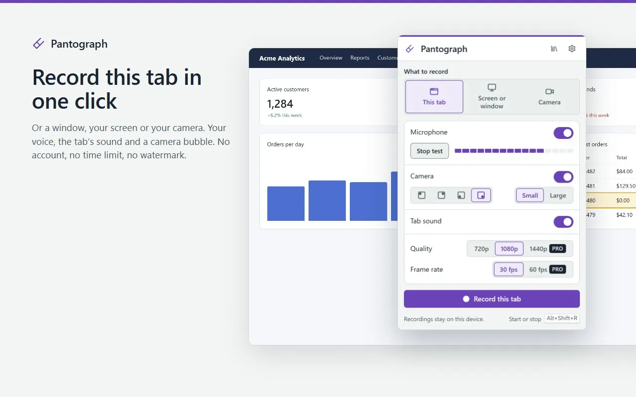 The Pantograph popup over a web app: This tab selected, the microphone test, the camera bubble, the tab’s sound, quality and the Record this tab button.