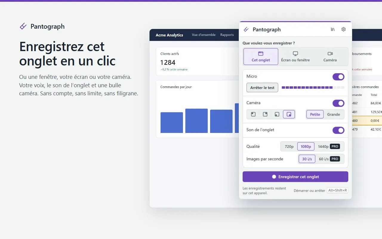 La fenêtre de Pantograph sur une application web : Cet onglet sélectionné, le test du micro, la bulle caméra, le son de l’onglet, la qualité et le bouton pour enregistrer l’onglet.