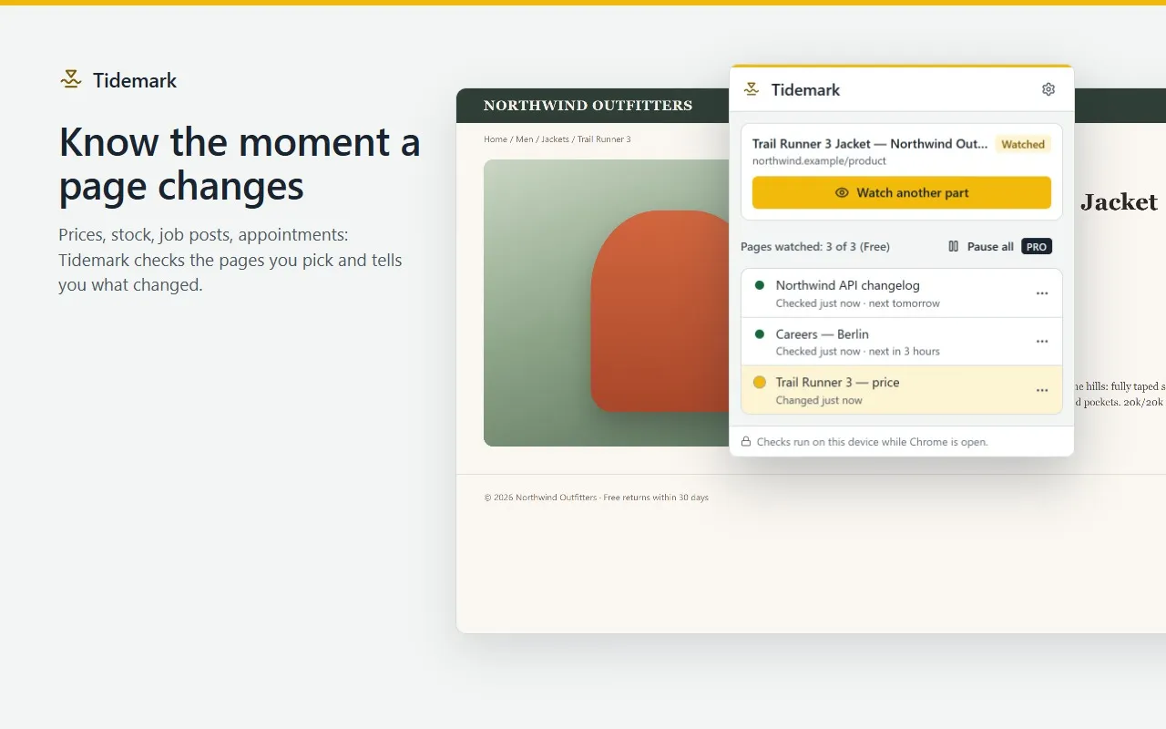The Tidemark popup on a product page: the page is watched, with “Watch another part” and three watched pages, one marked “Changed”.
