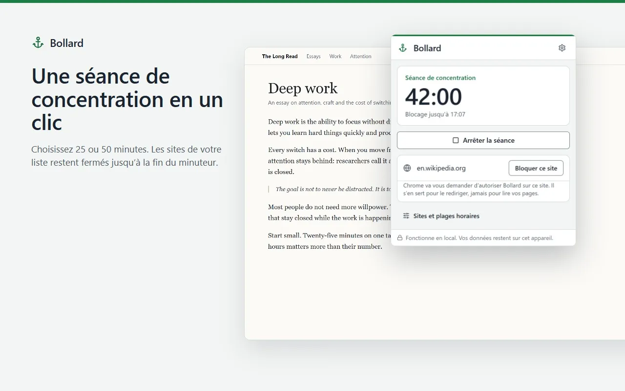 La fenêtre de Bollard pendant une séance : 42 minutes restantes, un bouton pour terminer la séance et « Bloquer ce site » pour la page active.