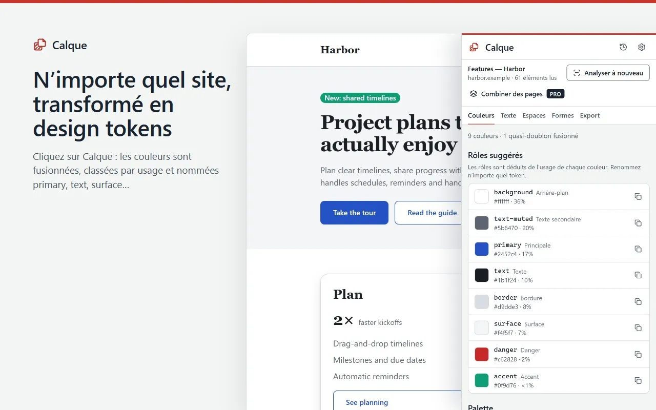 Le panneau latéral de Calque à côté d’un site : ses couleurs fusionnées et nommées par rôle, avec leurs valeurs.