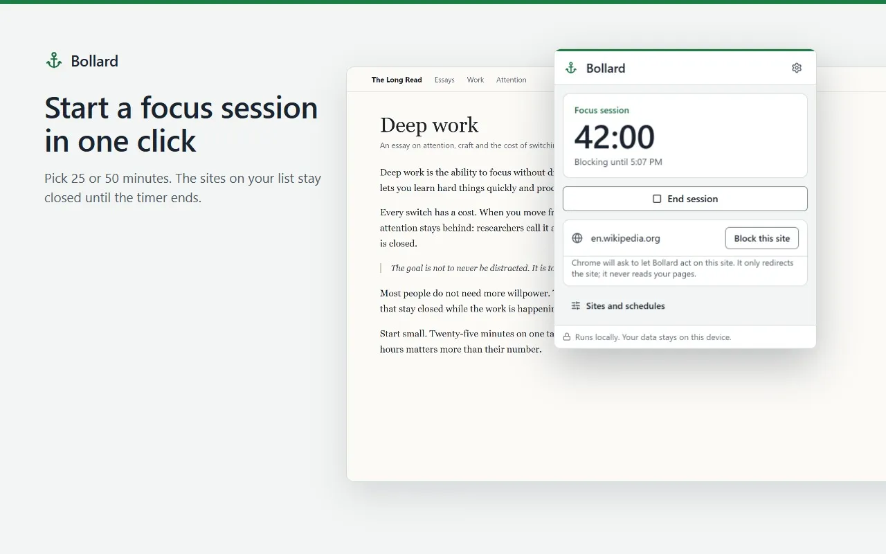 The Bollard popup during a focus session: 42 minutes left, an End session button and “Block this site” for the current page.