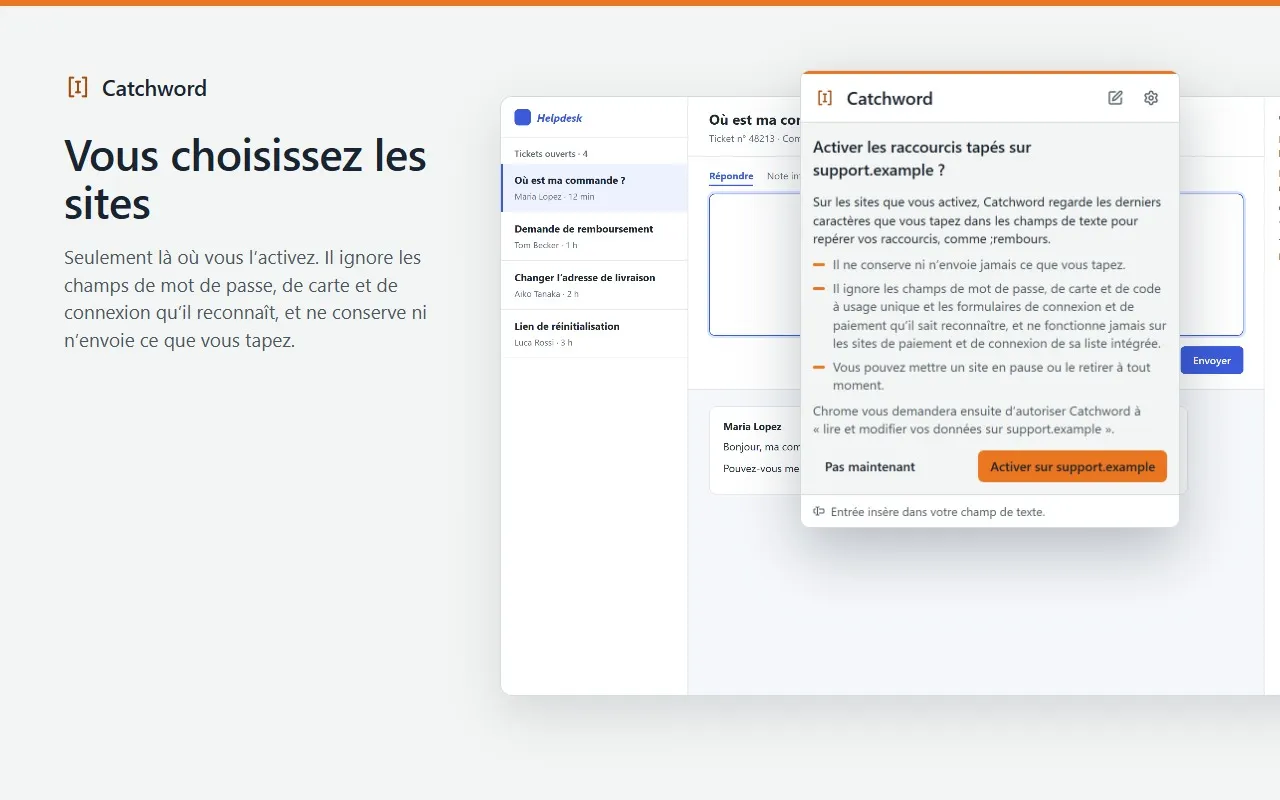 Catchword demande avant d’activer les raccourcis tapés sur support.example : ce qu’il regarde, ce qu’il ignore, et que Chrome demandera ensuite l’accès à ce site.