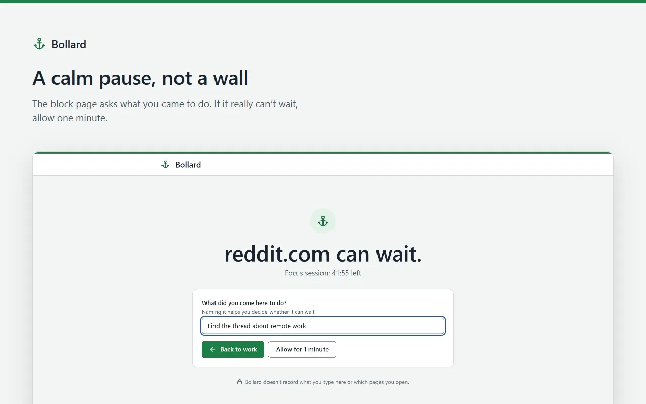 The Bollard block page for reddit.com asks what you came to do, with “Back to work” and “Allow for 1 minute”.