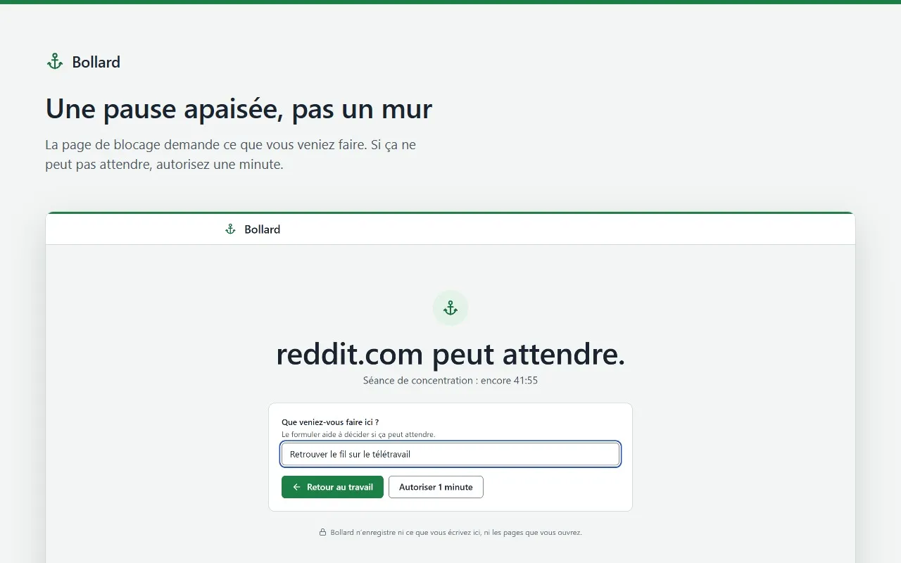 La page de blocage de Bollard pour reddit.com demande ce que vous veniez faire, avec « Retour au travail » et « Autoriser 1 minute ».