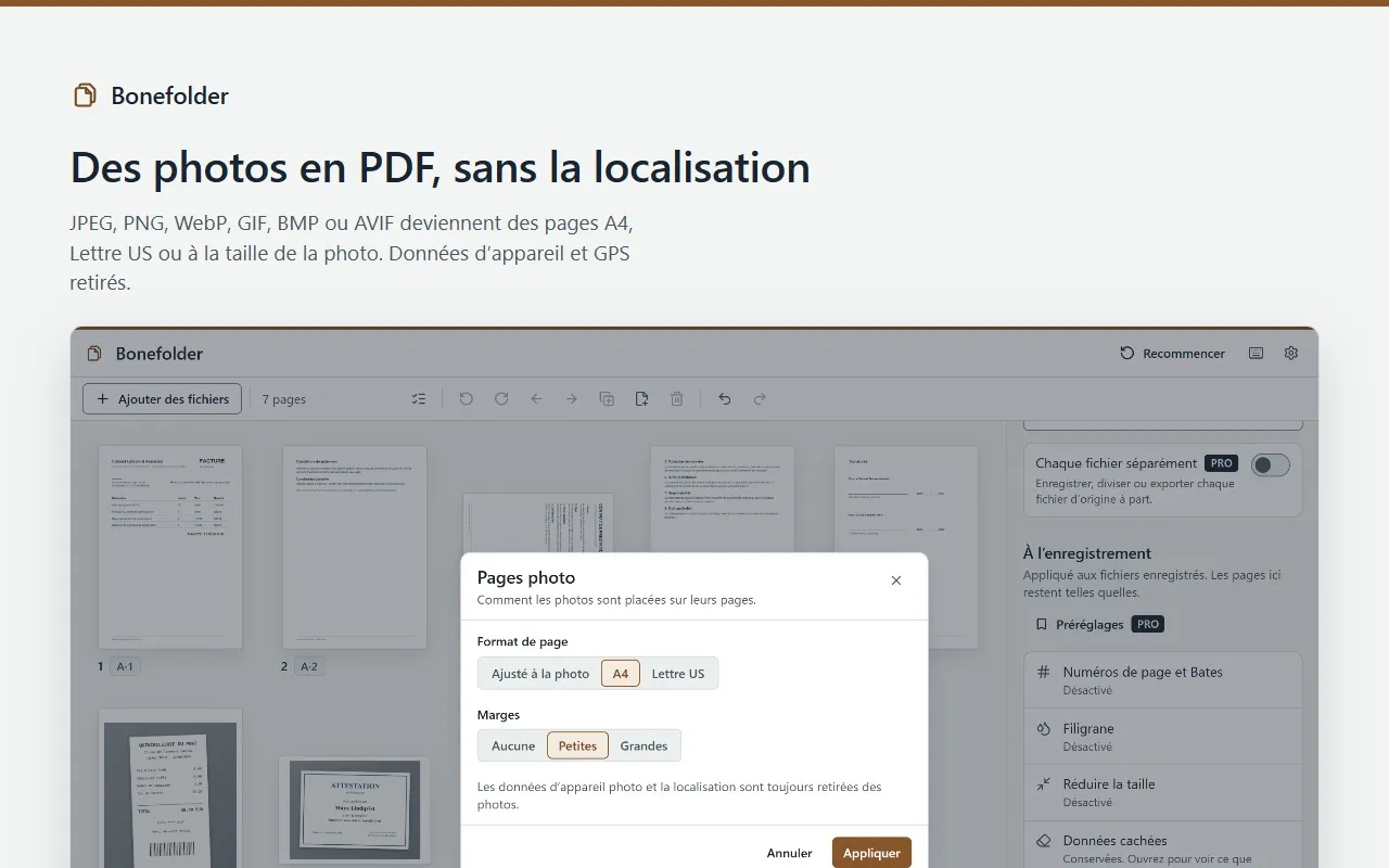 Des photos transformées en pages PDF dans Bonefolder, sans leurs données d’appareil photo ni leur localisation.
