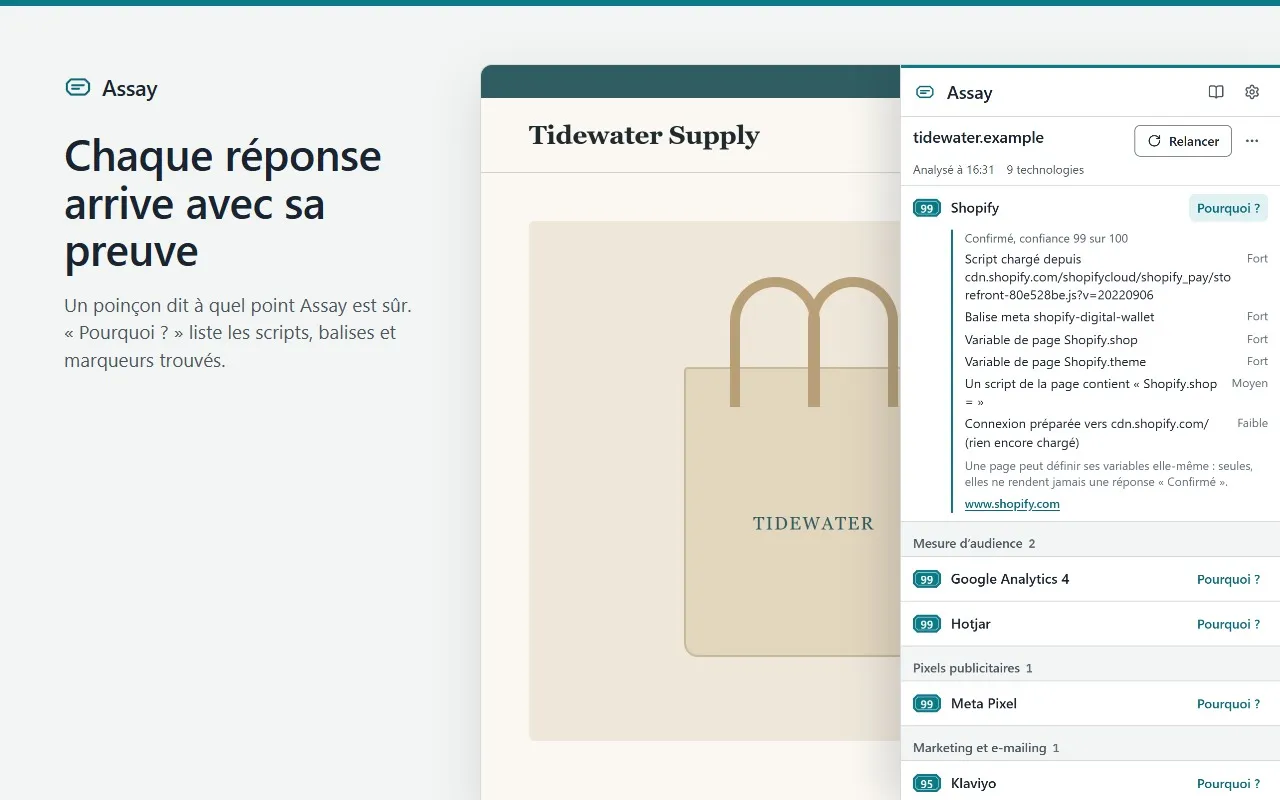 « Pourquoi ? » ouvert sur la plateforme de la boutique : le script, la balise meta et les variables de page trouvés par Assay, et la force de chaque signal.