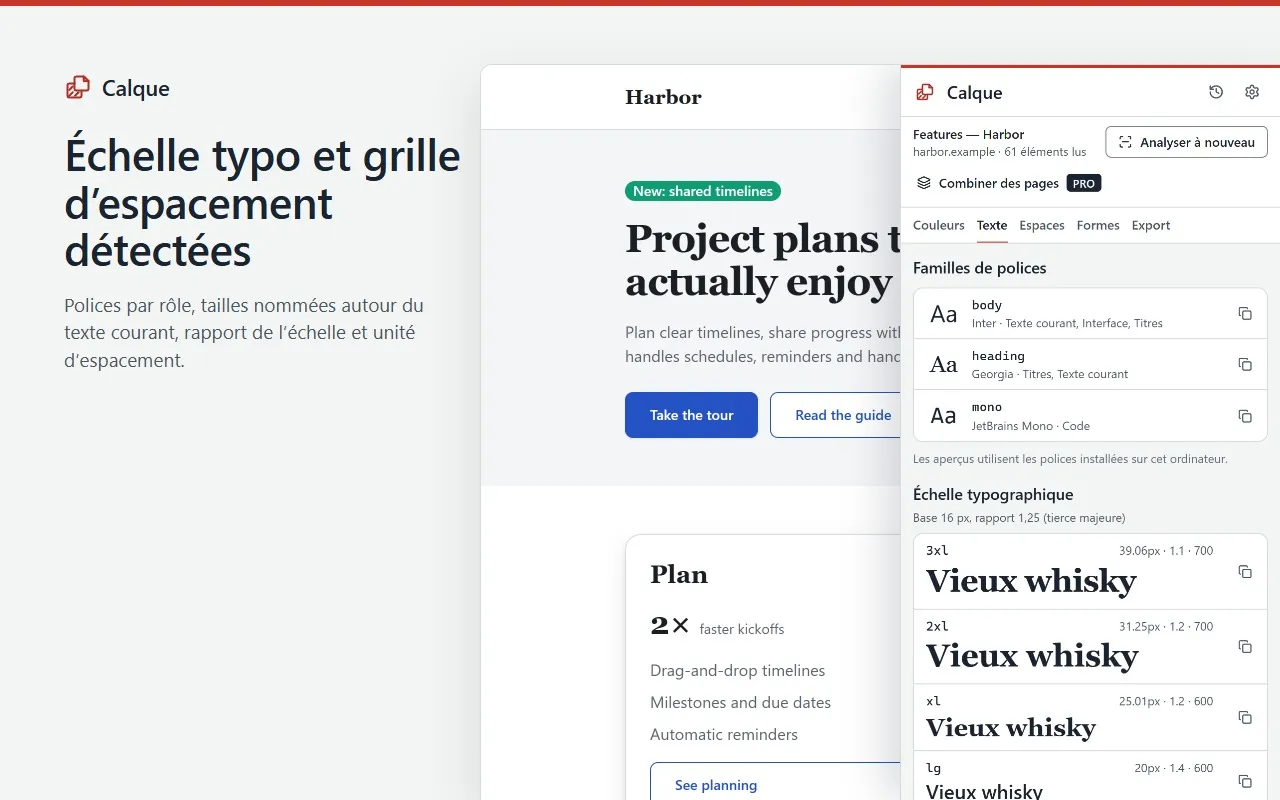 L’échelle typographique et la grille d’espacement détectées par Calque sur la même page.