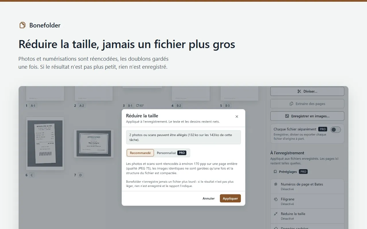 Réduire la taille dans Bonefolder : photos et numérisations réencodées, avec la taille avant et après ; jamais un fichier plus lourd.