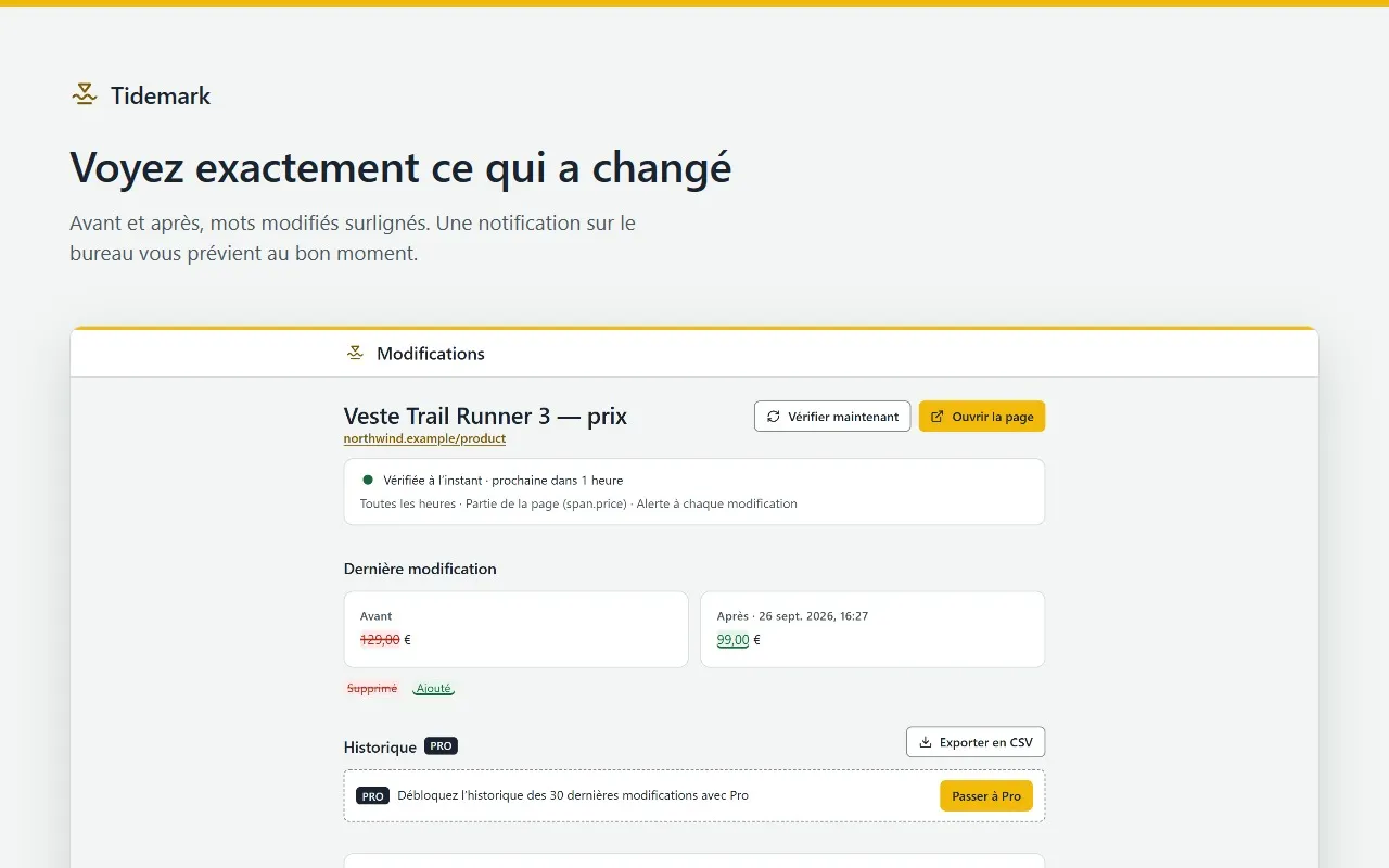 Un changement dans Tidemark : le prix avant et après, le texte supprimé barré en rouge, le texte ajouté souligné en vert.