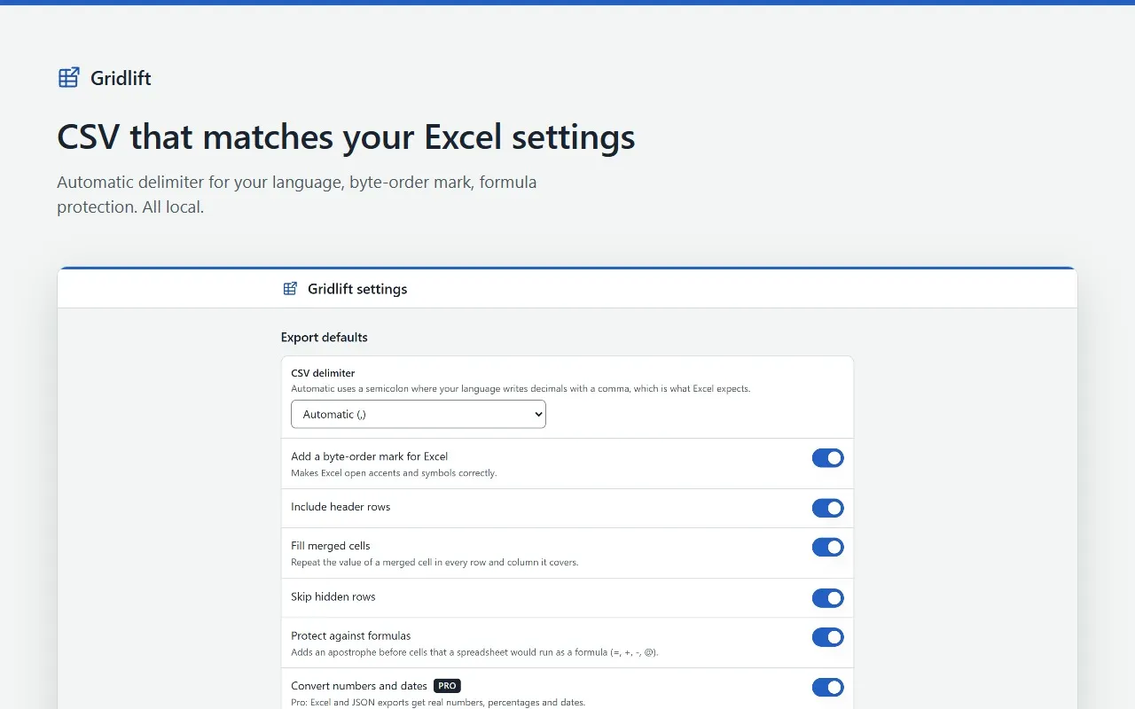 Gridlift settings: automatic CSV delimiter, byte-order mark for Excel, header rows, merged cells and formula protection.