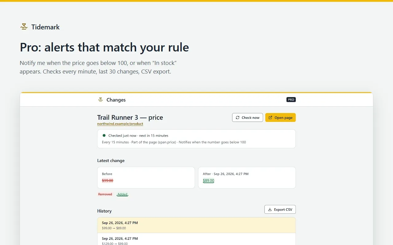 Tidemark Pro: a price watched every 15 minutes that notifies only below 100, with its change history and CSV export.