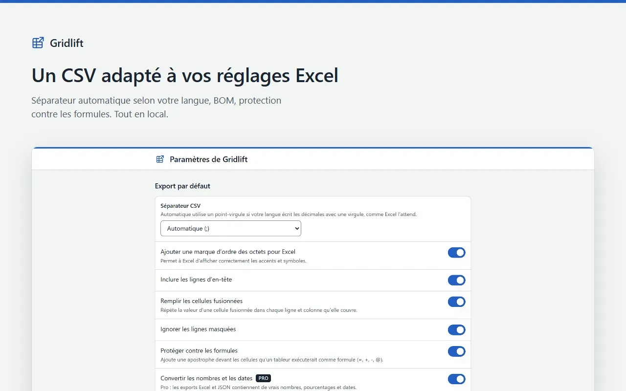 Réglages de Gridlift : séparateur CSV automatique, marque d’ordre des octets pour Excel, lignes d’en-tête, cellules fusionnées et protection contre les formules.