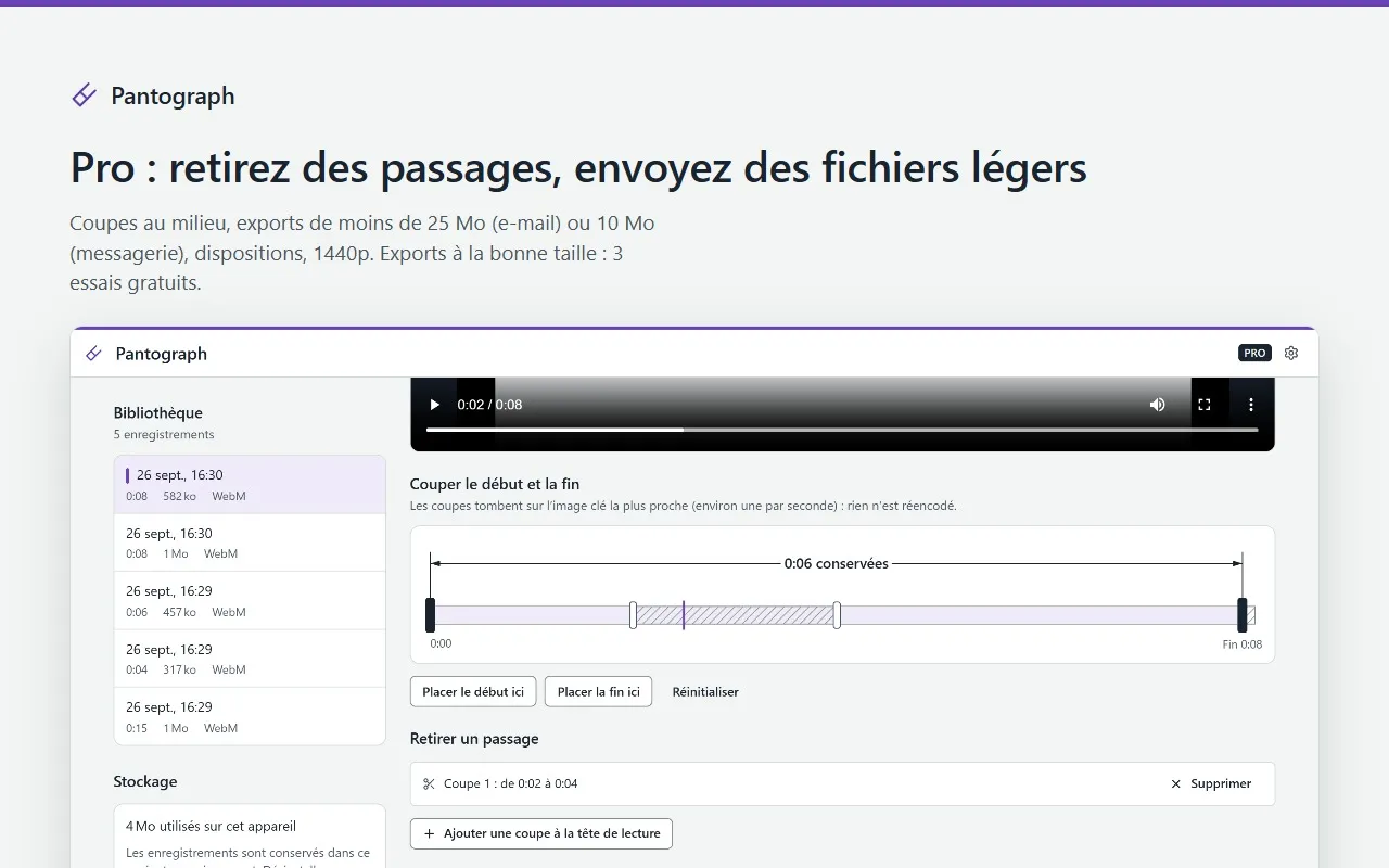 Pantograph Pro retire un passage au milieu d’un enregistrement, 0:05 conservées, avec l’export E-mail, moins de 25 Mo, choisi.
