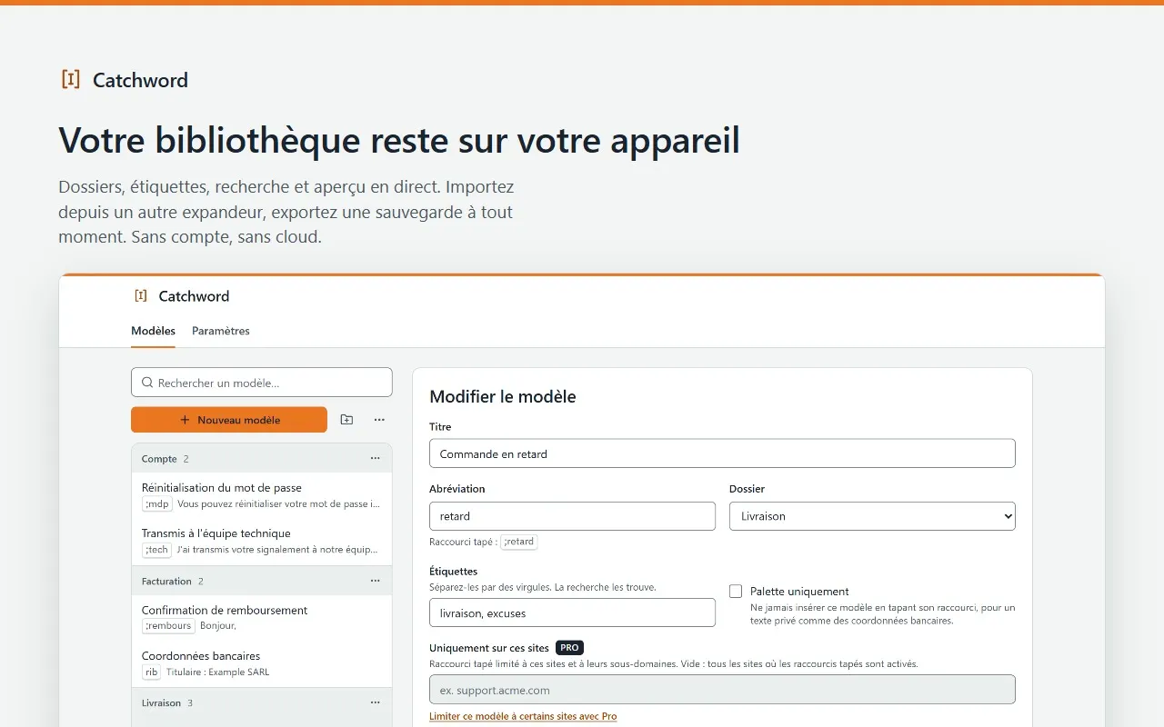 La bibliothèque de Catchword : les modèles classés par dossier, et l’éditeur avec titre, abréviation, dossier, étiquettes et l’option Palette uniquement.