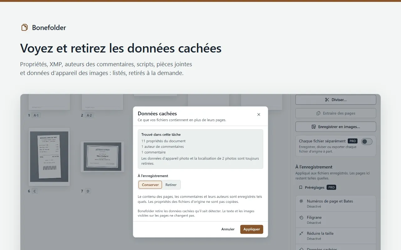 La vue des données cachées de Bonefolder : propriétés du document, auteurs des commentaires et données d’appareil photo, prêtes à être retirées.
