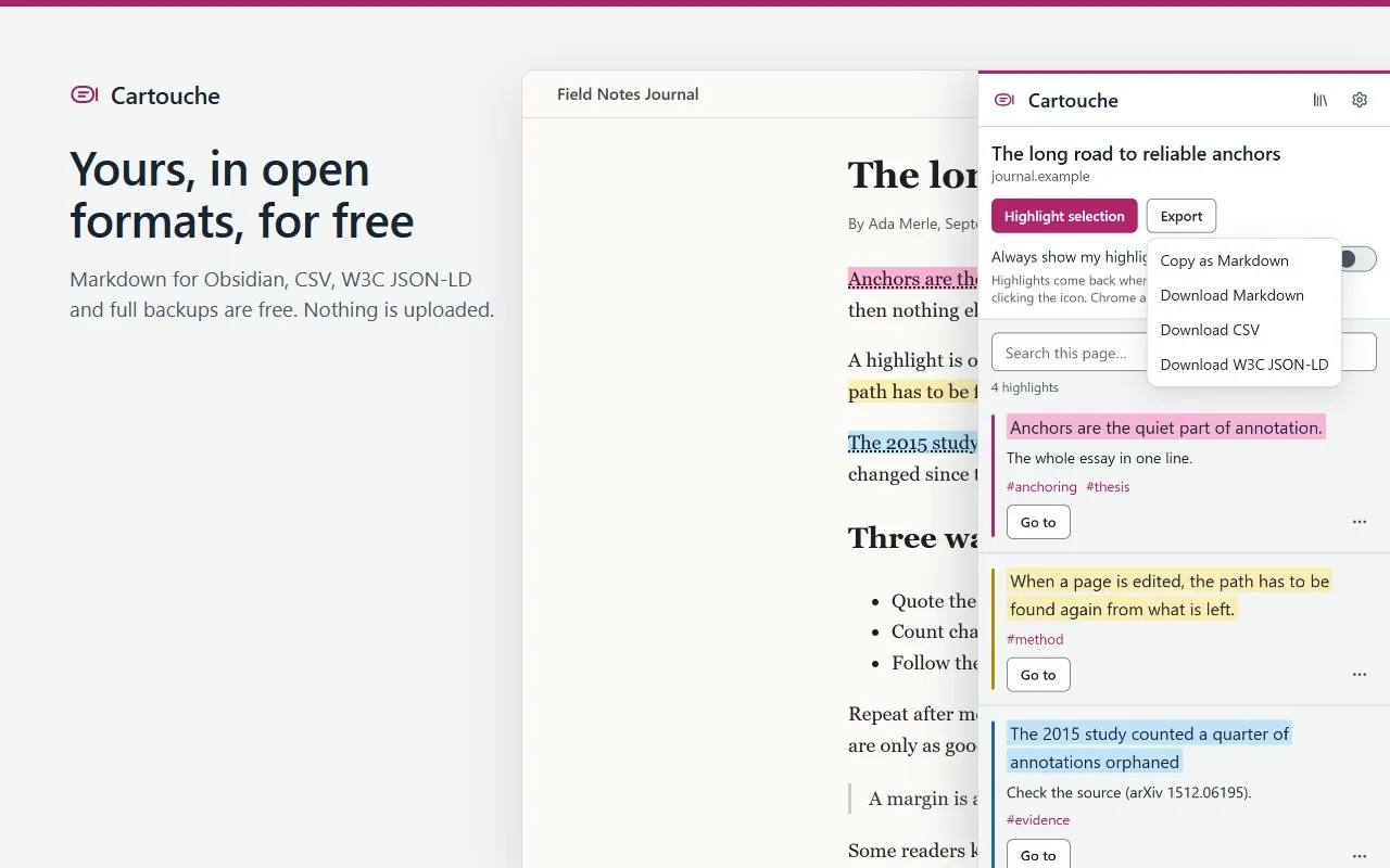 The Cartouche Export menu: copy as Markdown, or download Markdown, CSV or W3C JSON-LD.