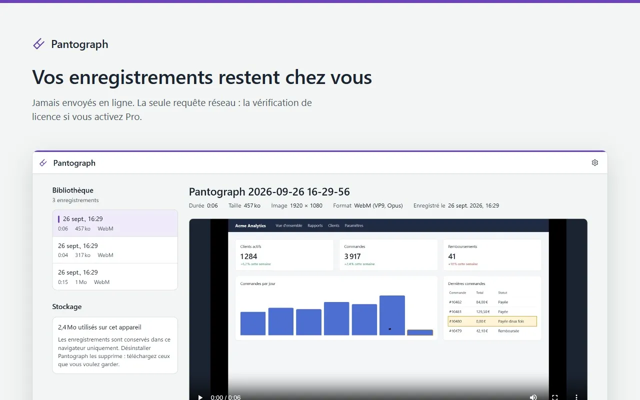 La bibliothèque de Pantograph : trois enregistrements sur cet appareil, l’espace qu’ils occupent, et le rappel que la désinstallation les supprime.